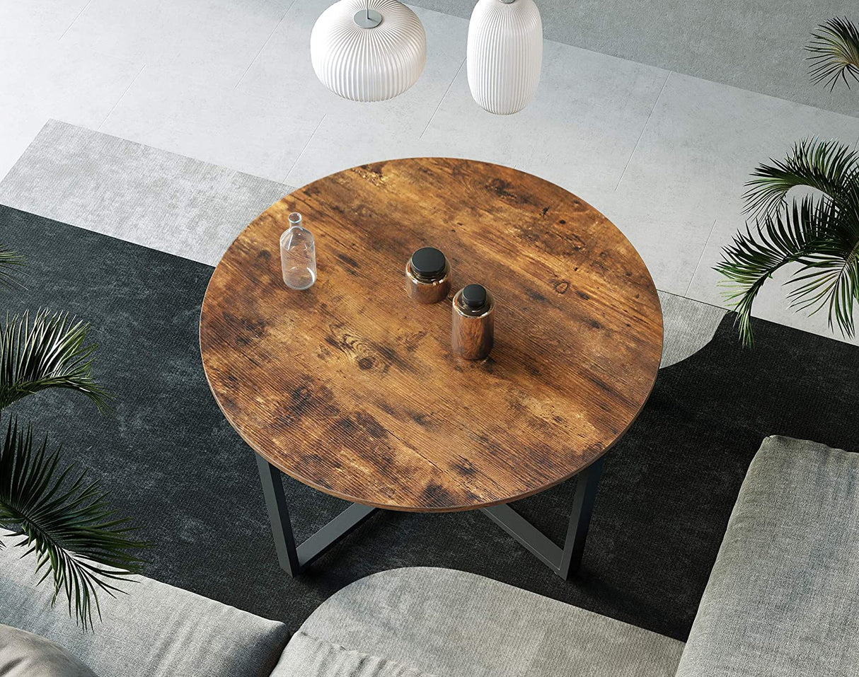 Rustic Round Coffee Table with Matte Black Steel Legs