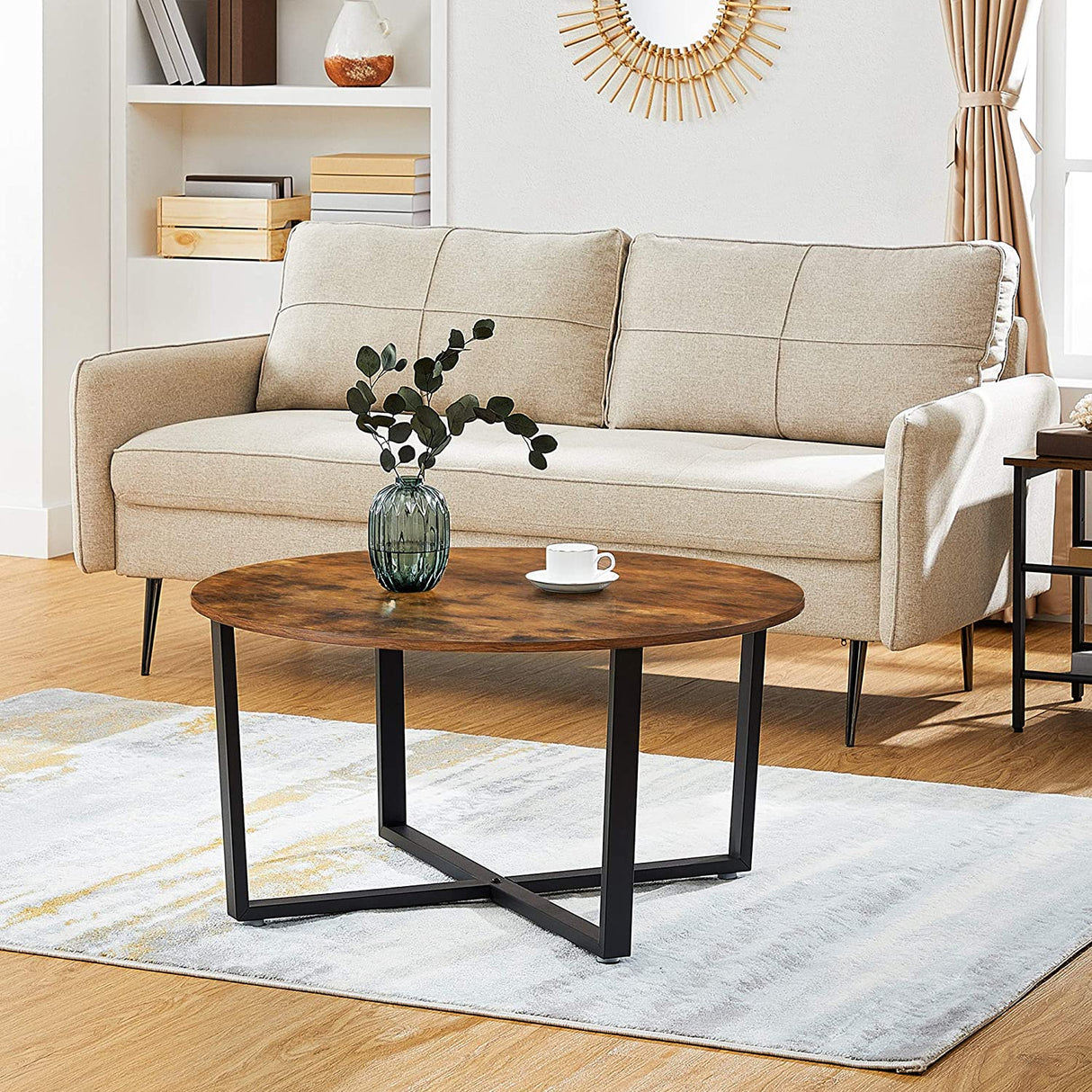 Rustic Round Coffee Table with Matte Black Steel Legs