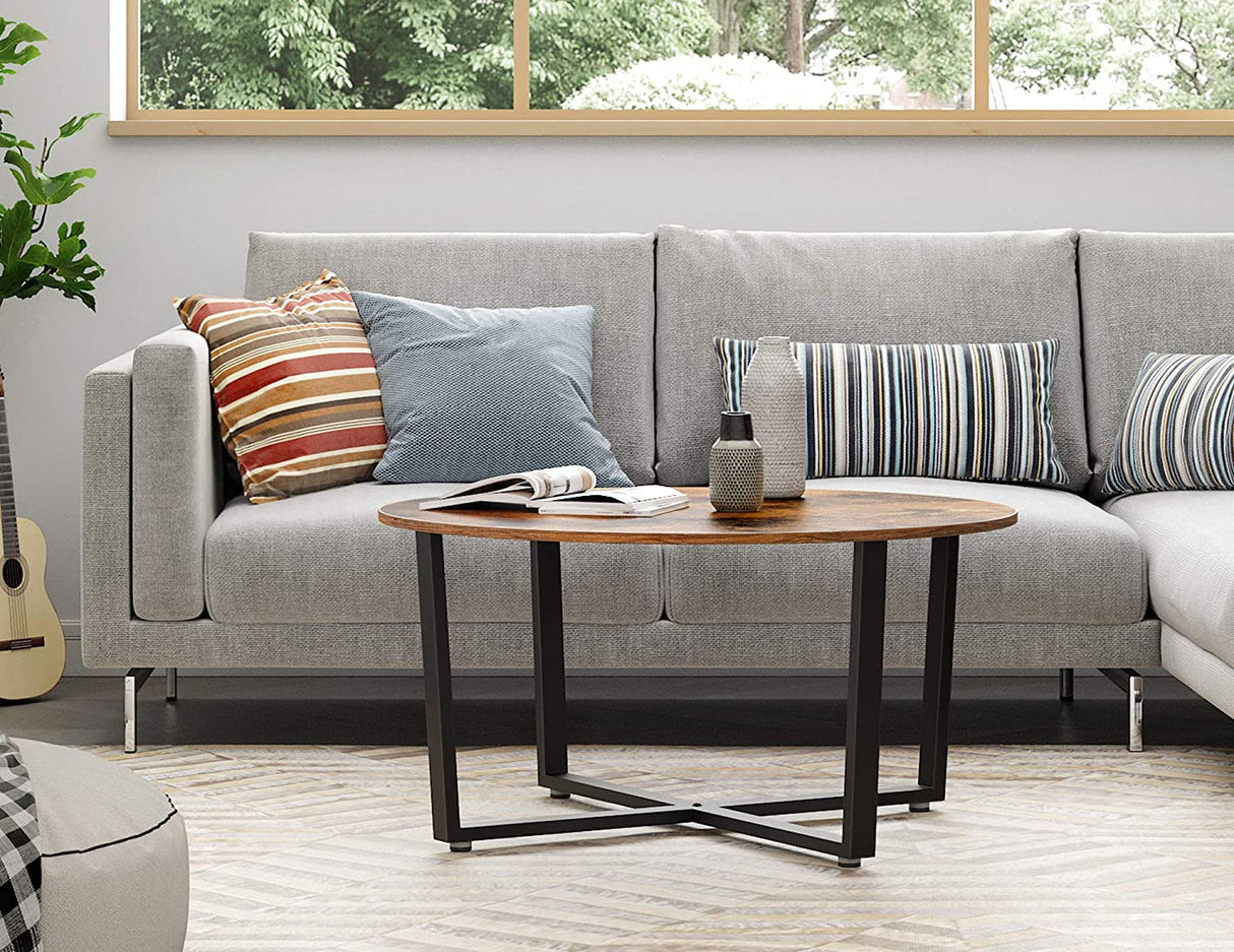 Rustic Round Coffee Table with Matte Black Steel Legs