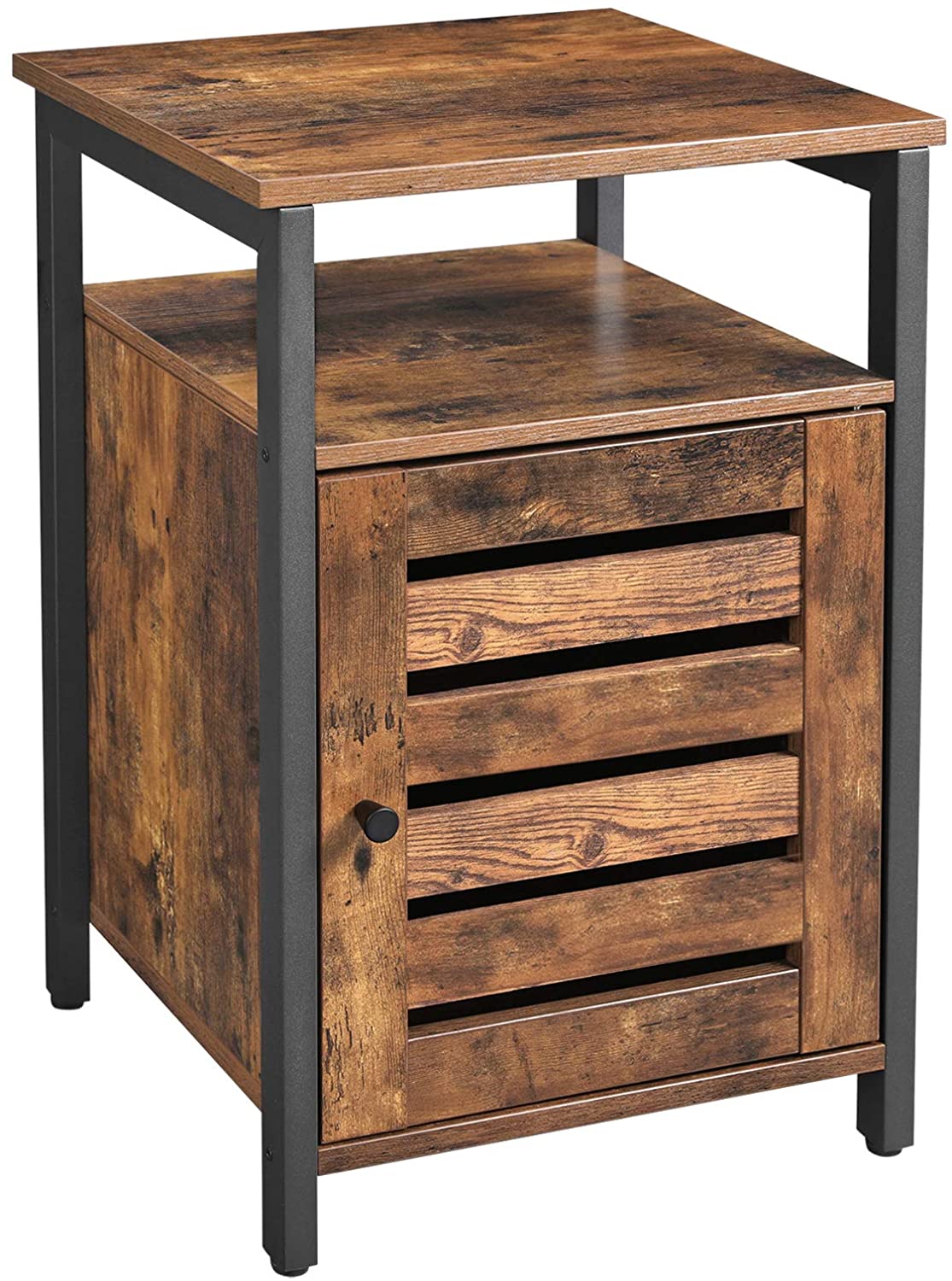 Rustic Brown and Black Nightstand with Adjustable Shelves and Steel Frame - 40 x 40 x 60 cm