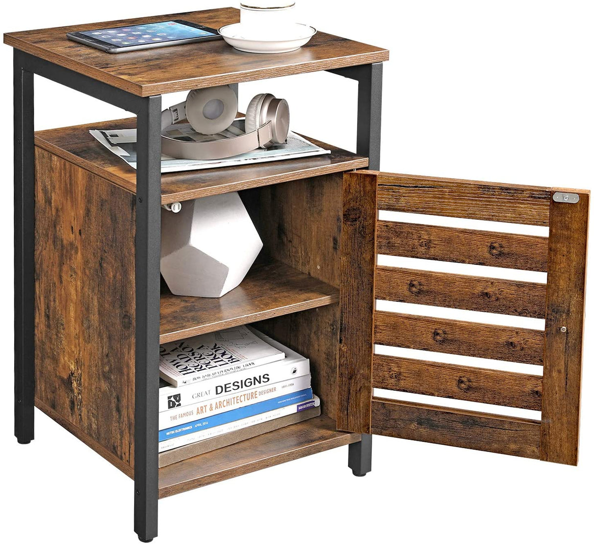 Rustic Brown and Black Nightstand with Adjustable Shelves and Steel Frame - 40 x 40 x 60 cm