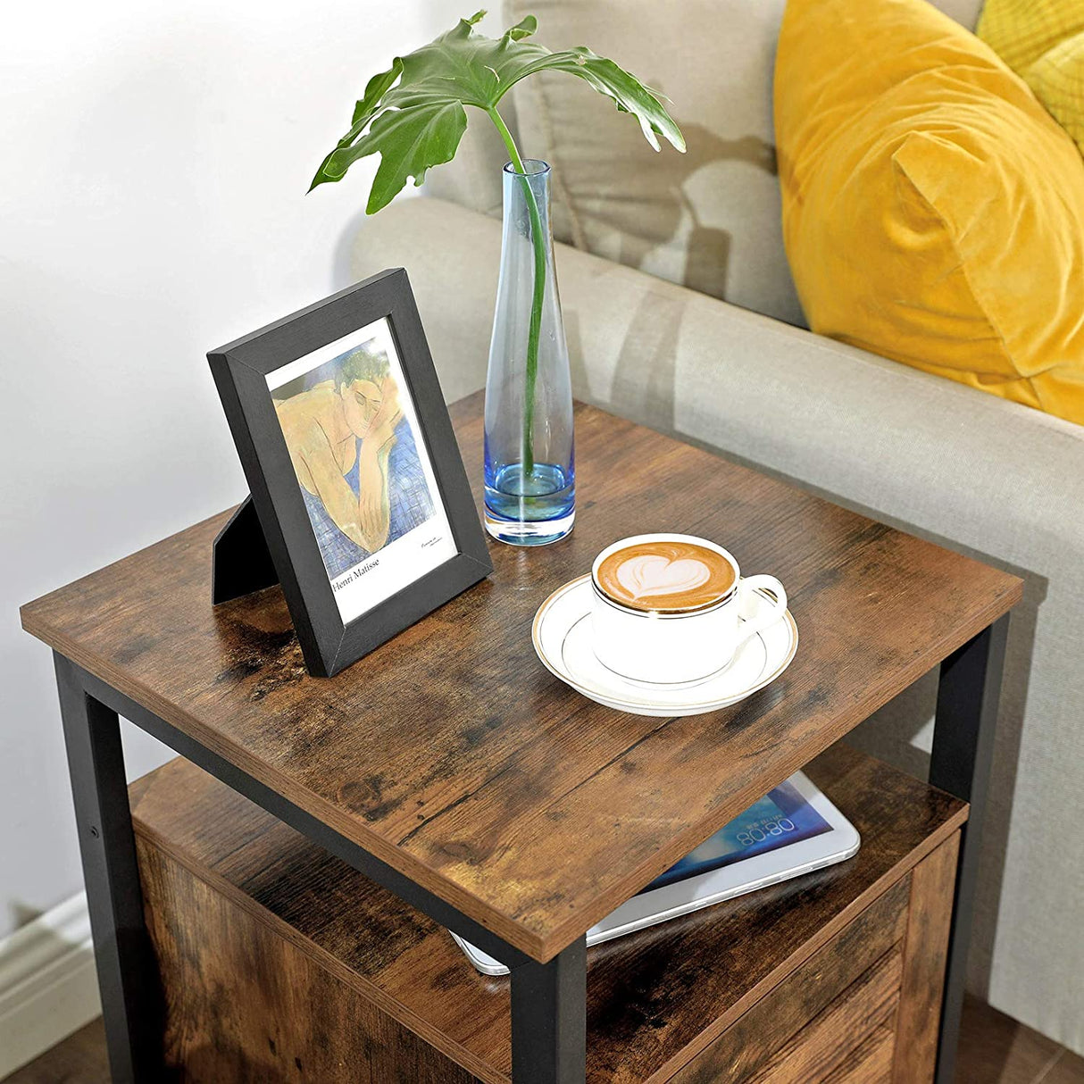 Rustic Brown and Black Nightstand with Adjustable Shelves and Steel Frame - 40 x 40 x 60 cm