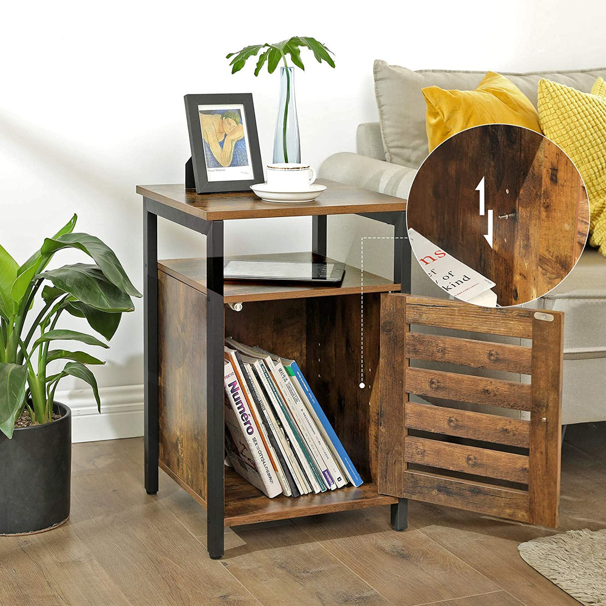 Rustic Brown and Black Nightstand with Adjustable Shelves and Steel Frame - 40 x 40 x 60 cm