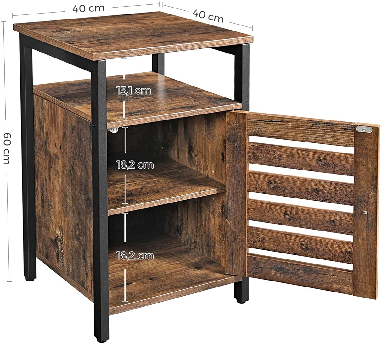 Rustic Brown and Black Nightstand with Adjustable Shelves and Steel Frame - 40 x 40 x 60 cm