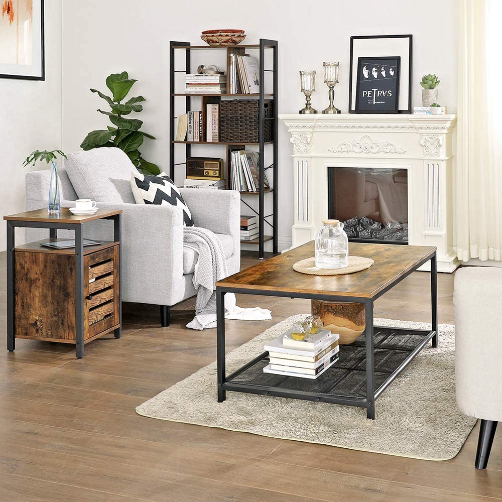Rustic Brown and Black Nightstand with Adjustable Shelves and Steel Frame - 40 x 40 x 60 cm