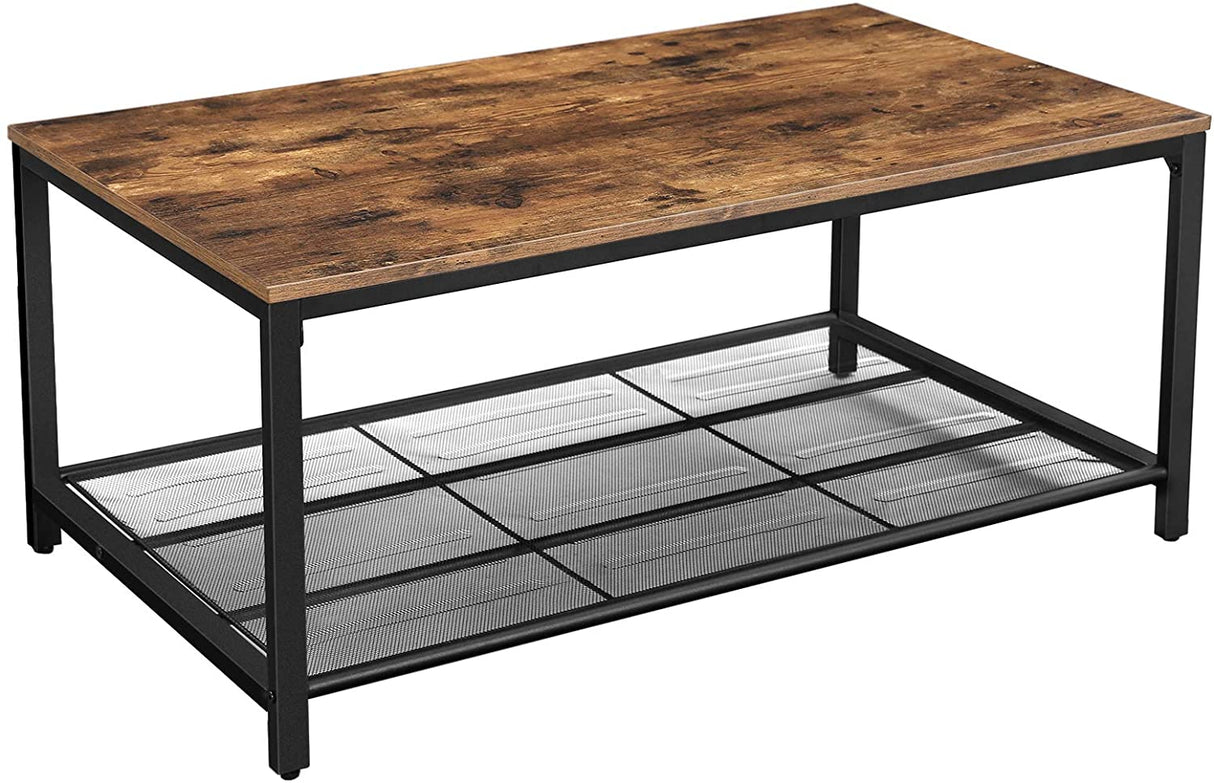 Rustic Brown Coffee Table with Durable Mesh Storage Shelf