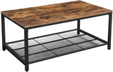 Rustic Brown Coffee Table with Durable Mesh Storage Shelf - Front View