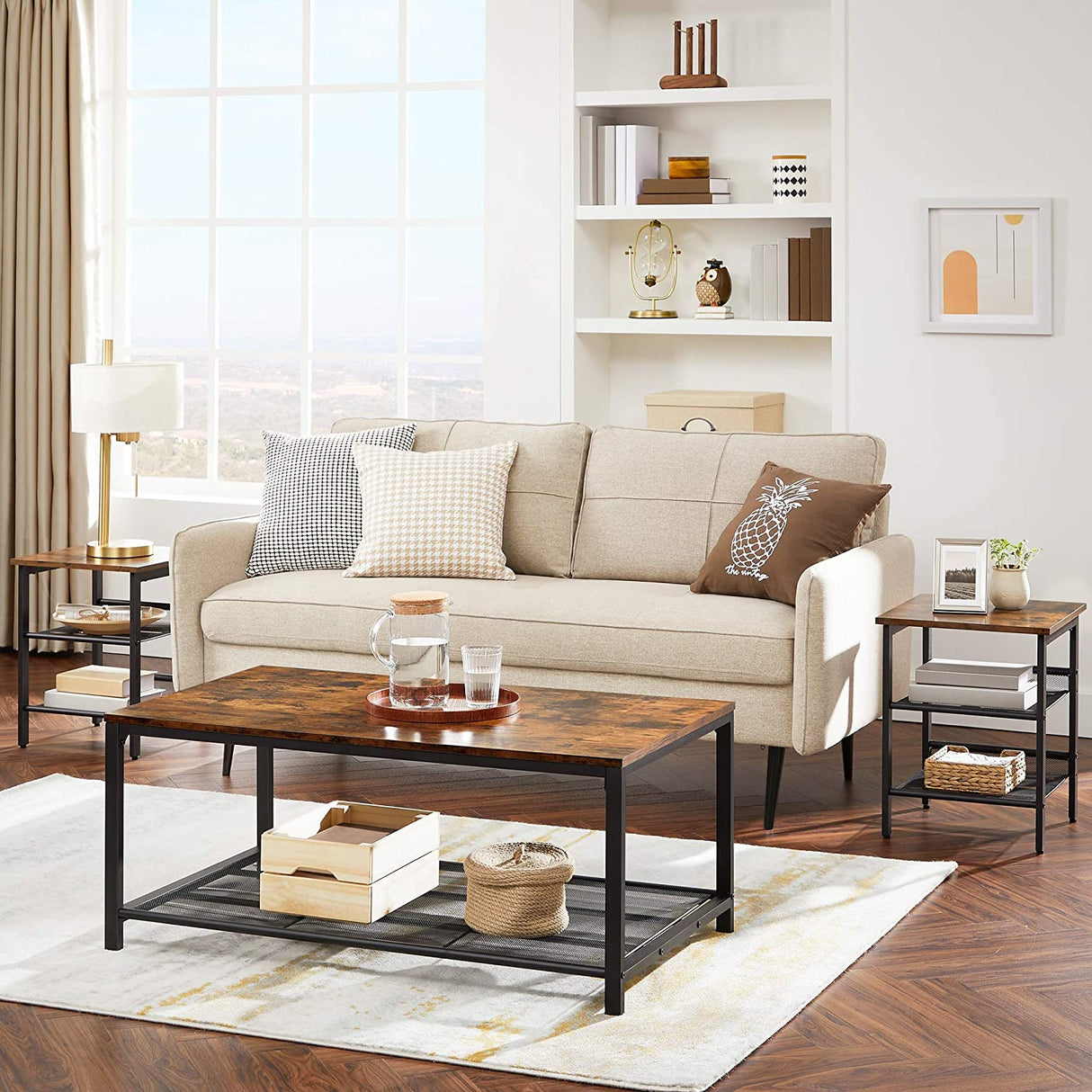 Rustic Brown Coffee Table with Durable Mesh Storage Shelf
