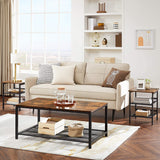 Rustic Brown Coffee Table with Durable Mesh Storage Shelf - Side View