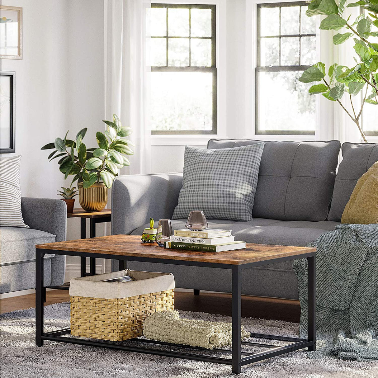 Rustic Brown Coffee Table with Durable Mesh Storage Shelf