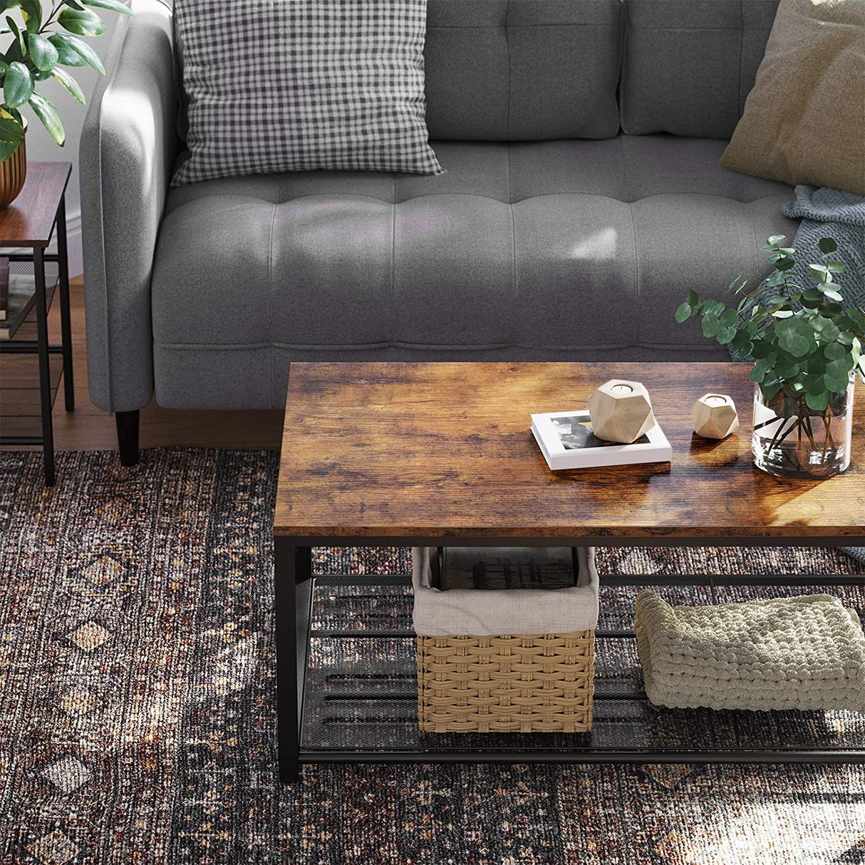 Rustic Brown Coffee Table with Durable Mesh Storage Shelf