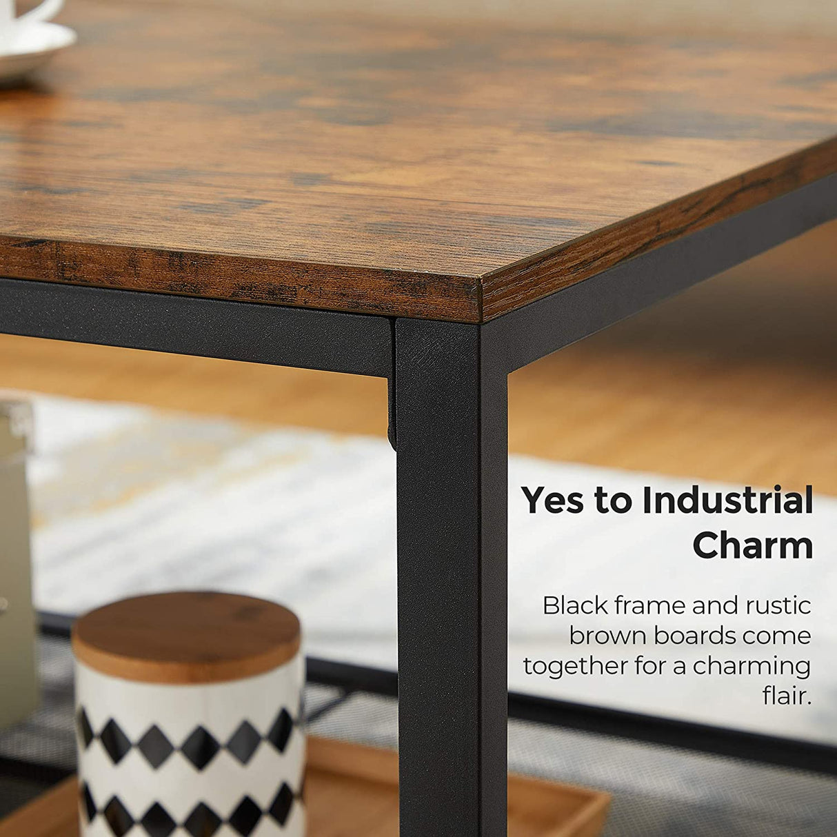 Rustic Brown Coffee Table with Durable Mesh Storage Shelf