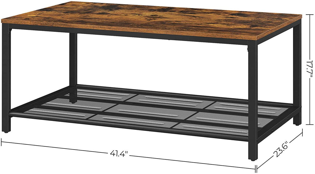 Rustic Brown Coffee Table with Durable Mesh Storage Shelf