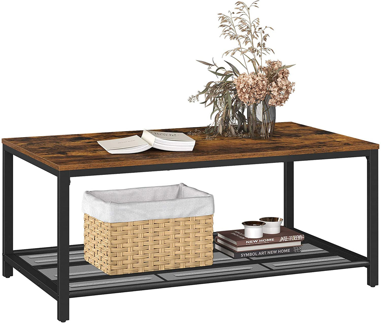 Rustic Brown Coffee Table with Durable Mesh Storage Shelf