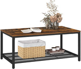 Rustic Brown Coffee Table with Durable Mesh Storage Shelf - Low Angle