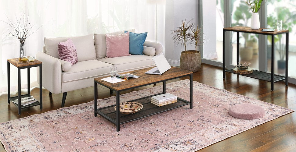 Rustic Brown Coffee Table with Durable Mesh Storage Shelf