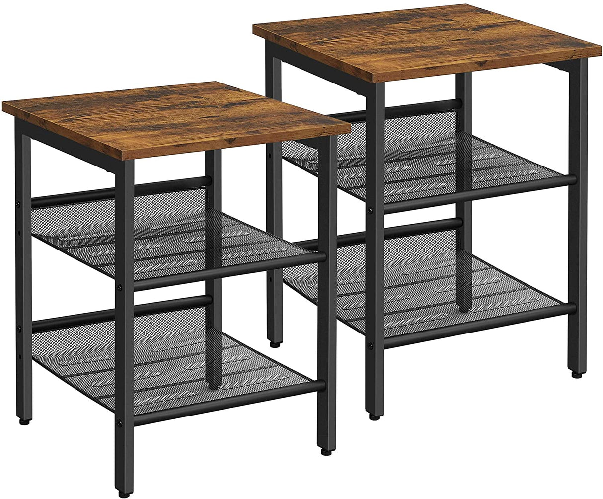 Industrial Chic Set of 2 Nightstands with Versatile Mesh Shelves in Rustic Brown and Black