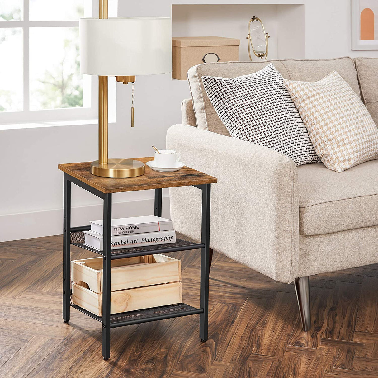 Industrial Chic Set of 2 Nightstands with Versatile Mesh Shelves in Rustic Brown and Black