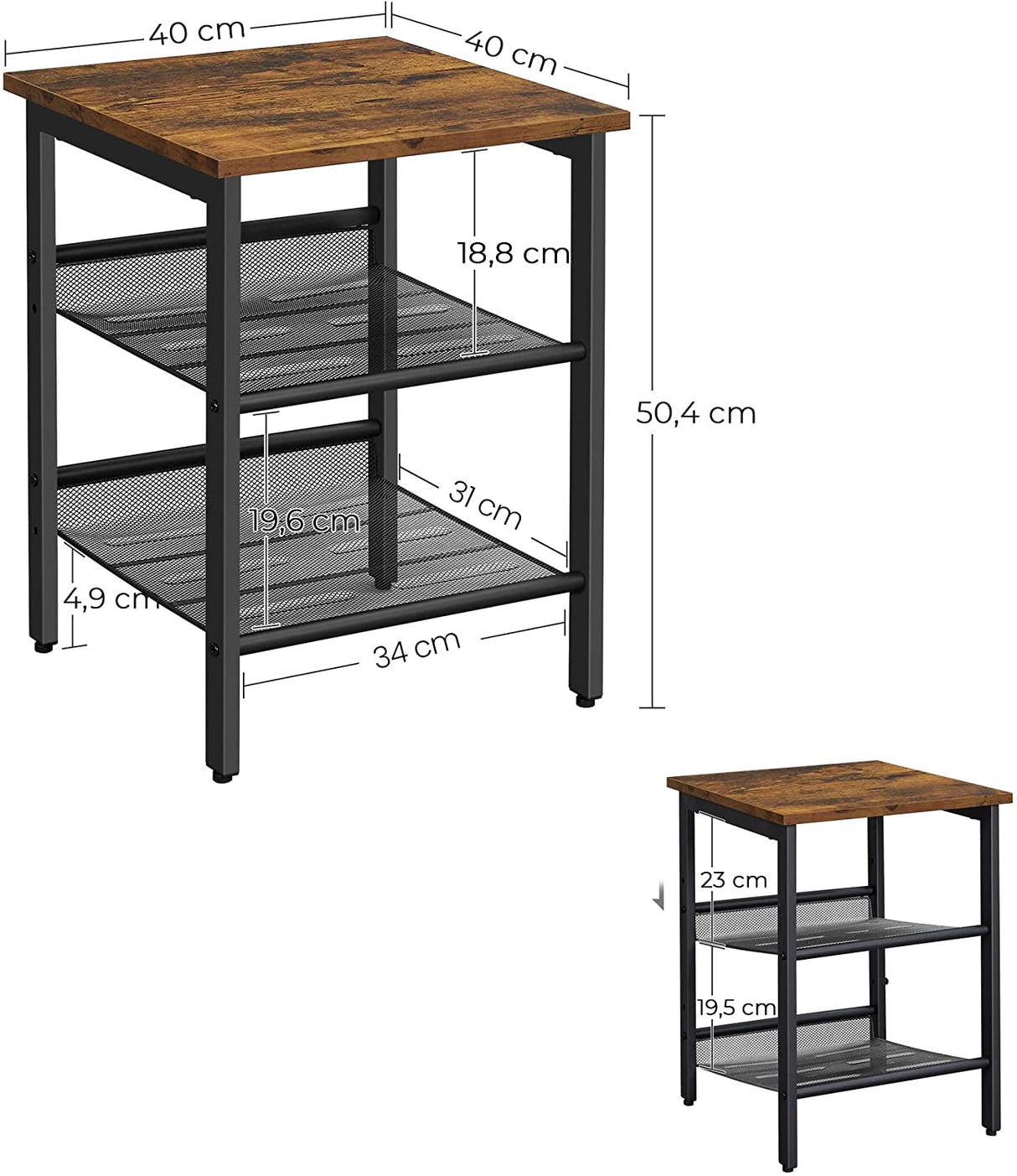 Industrial Chic Set of 2 Nightstands with Versatile Mesh Shelves in Rustic Brown and Black
