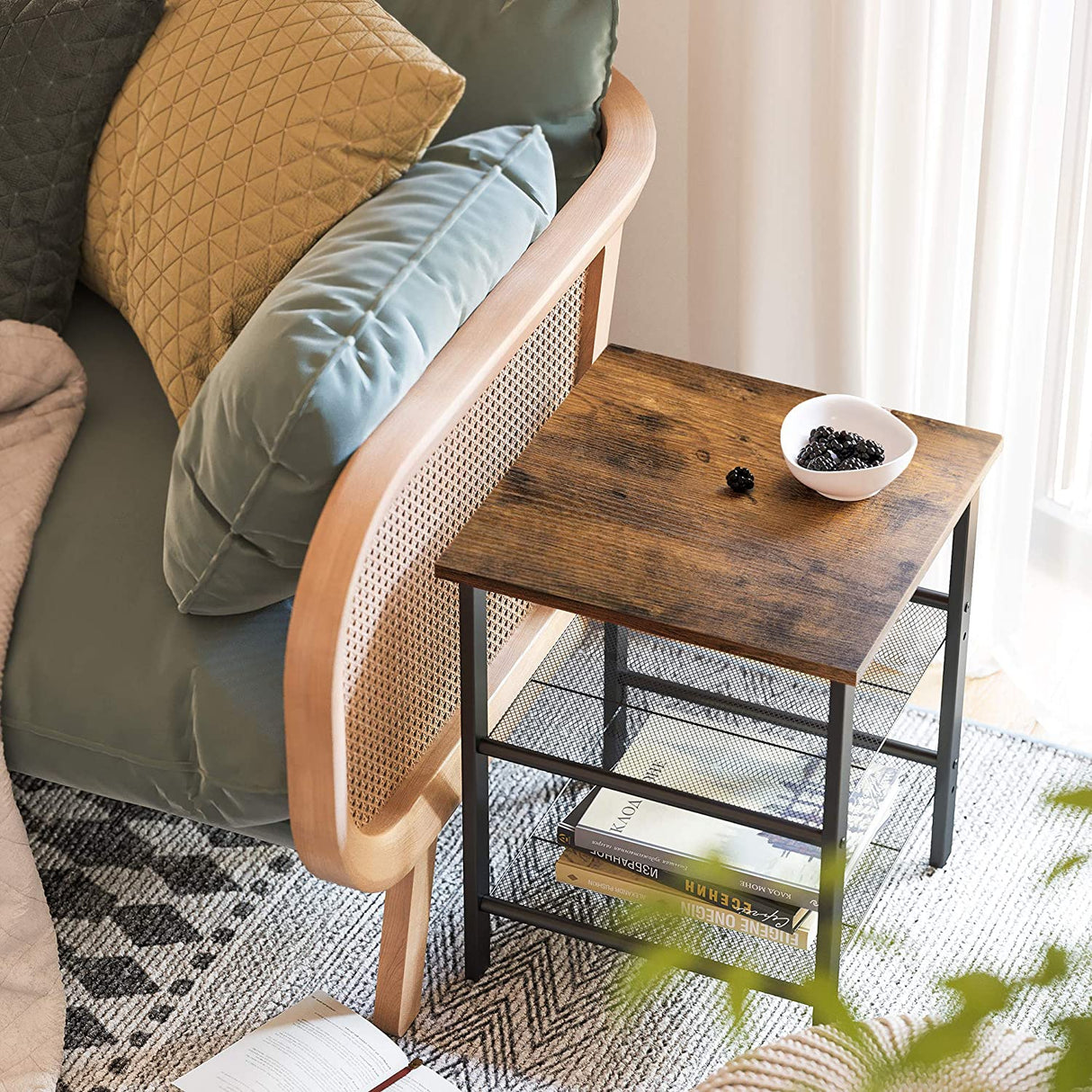Industrial Chic Set of 2 Nightstands with Versatile Mesh Shelves in Rustic Brown and Black