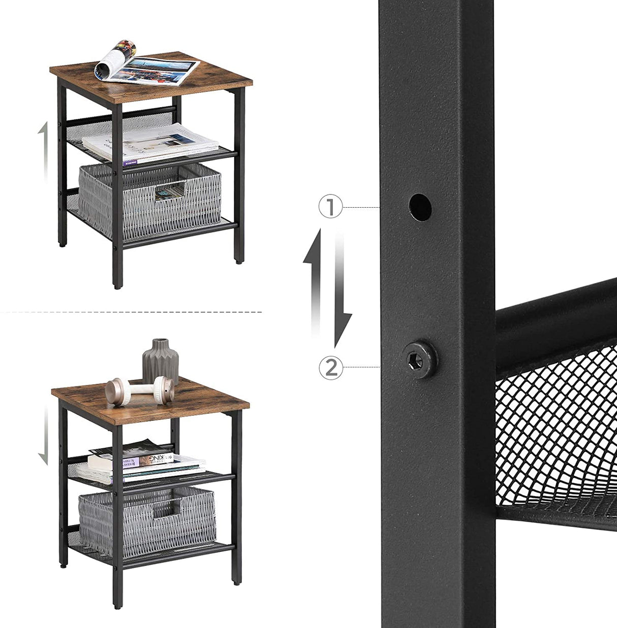 Industrial Chic Set of 2 Nightstands with Versatile Mesh Shelves in Rustic Brown and Black