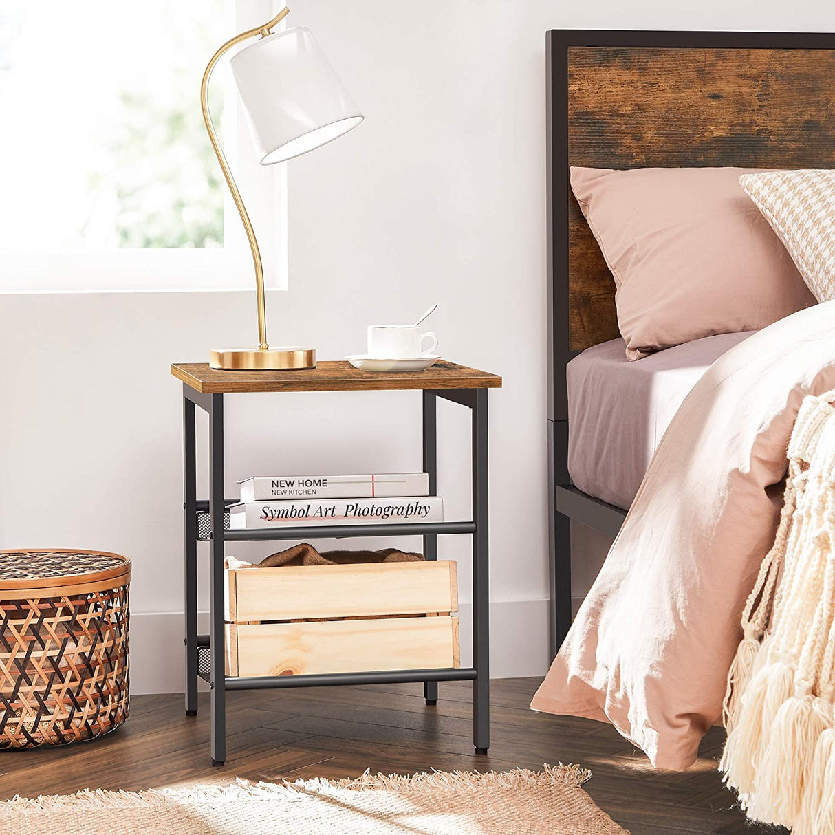 Industrial Chic Set of 2 Nightstands with Versatile Mesh Shelves in Rustic Brown and Black