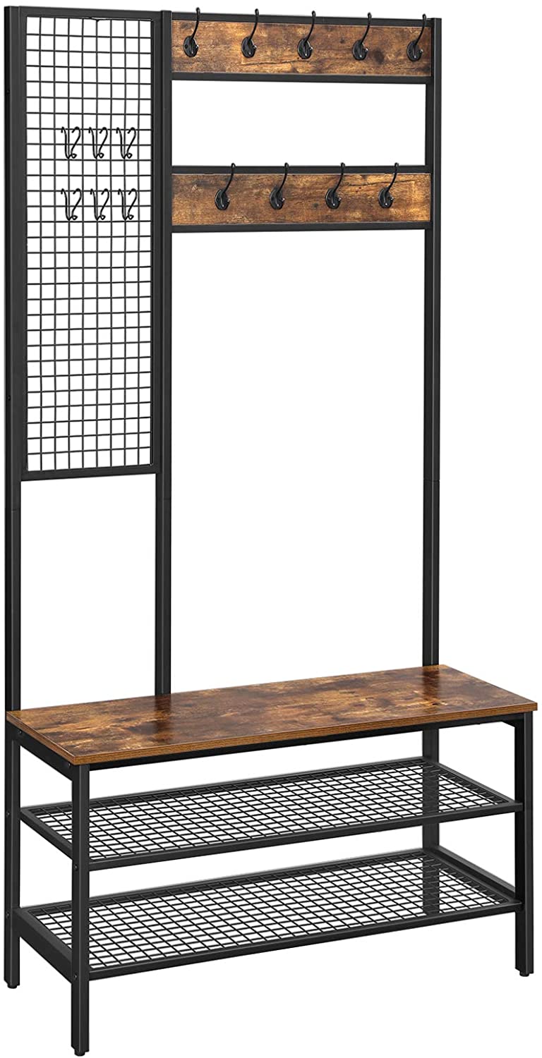 Rustic Brown Industrial Coat Rack Stand with Grid Wall and Shoe Storage - 185 cm Tall