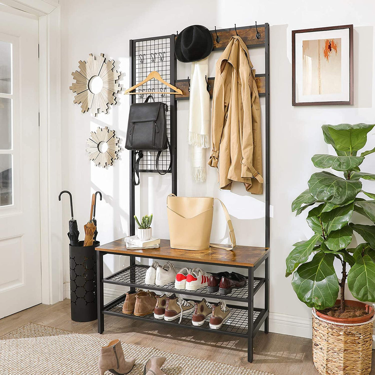 Rustic Brown Industrial Coat Rack Stand with Grid Wall and Shoe Storage - 185 cm Tall