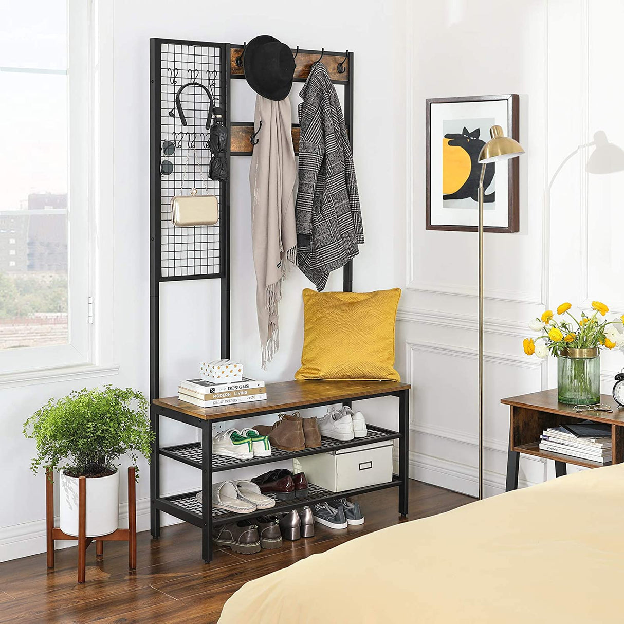 Rustic Brown Industrial Coat Rack Stand with Grid Wall and Shoe Storage - 185 cm Tall