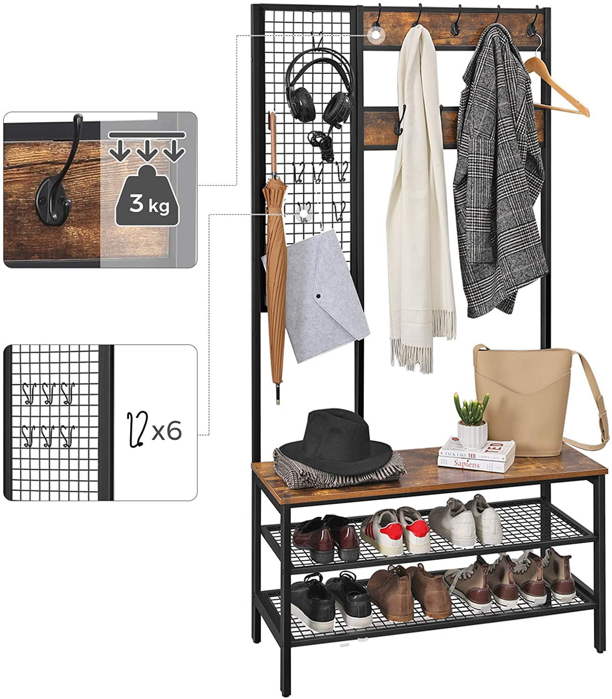 Rustic Brown Industrial Coat Rack Stand with Grid Wall and Shoe Storage - 185 cm Tall