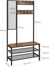 Rustic Brown Industrial Coat Rack Stand with Grid Wall and Shoe Storage - 185 cm Tall - 45-Degree Angle
