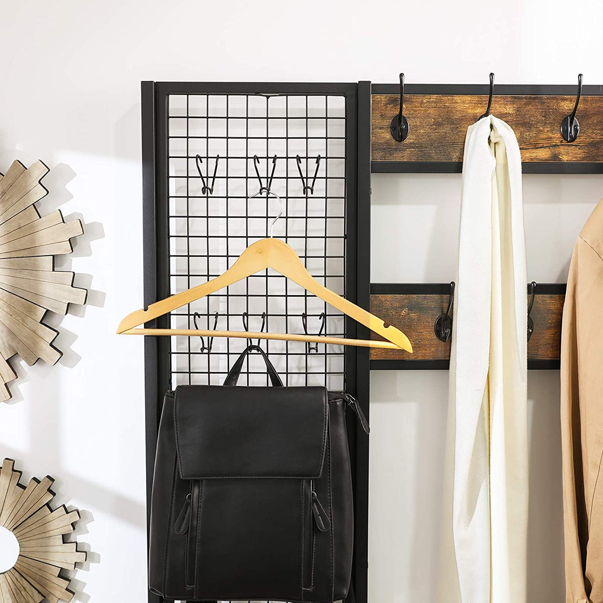 Rustic Brown Industrial Coat Rack Stand with Grid Wall and Shoe Storage - 185 cm Tall
