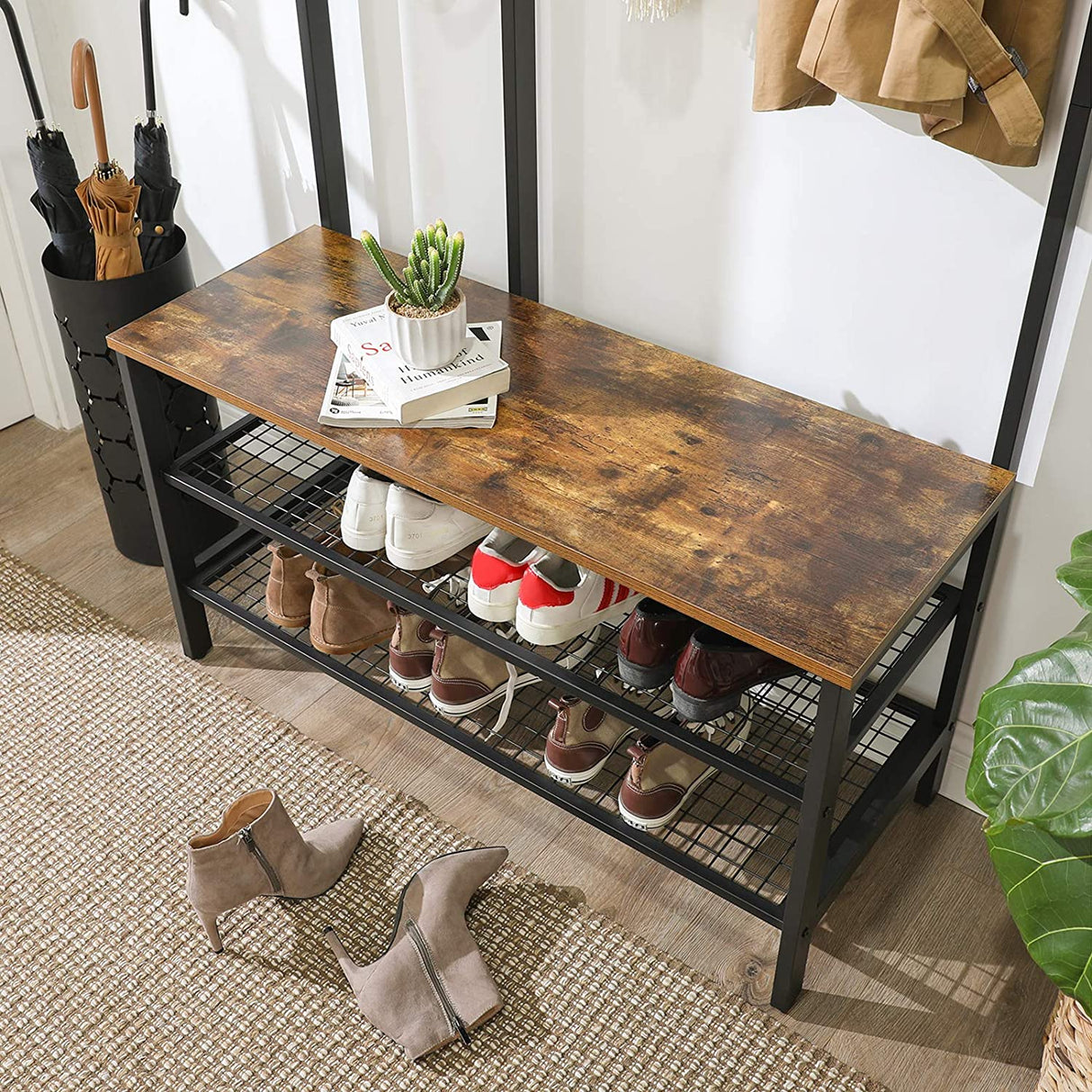 Rustic Brown Industrial Coat Rack Stand with Grid Wall and Shoe Storage - 185 cm Tall