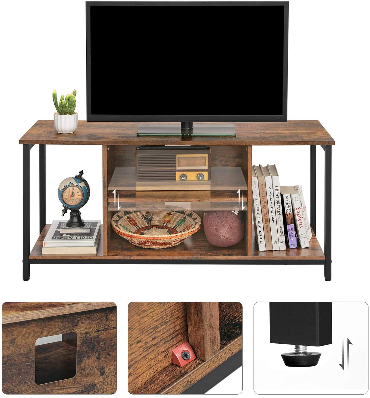 Industrial Rustic Brown and Black TV Stand with Open Storage Solutions