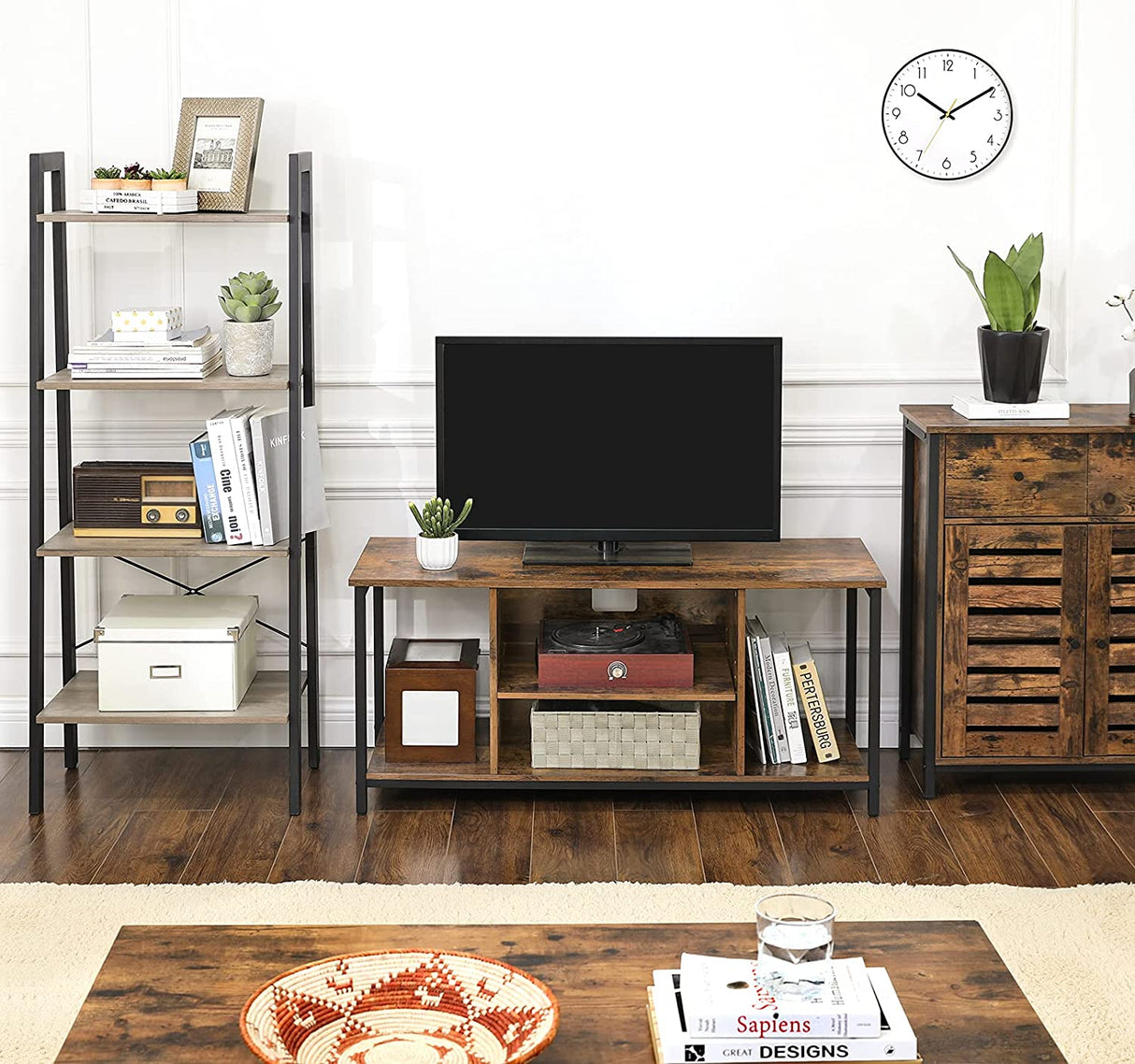 Industrial Rustic Brown and Black TV Stand with Open Storage Solutions