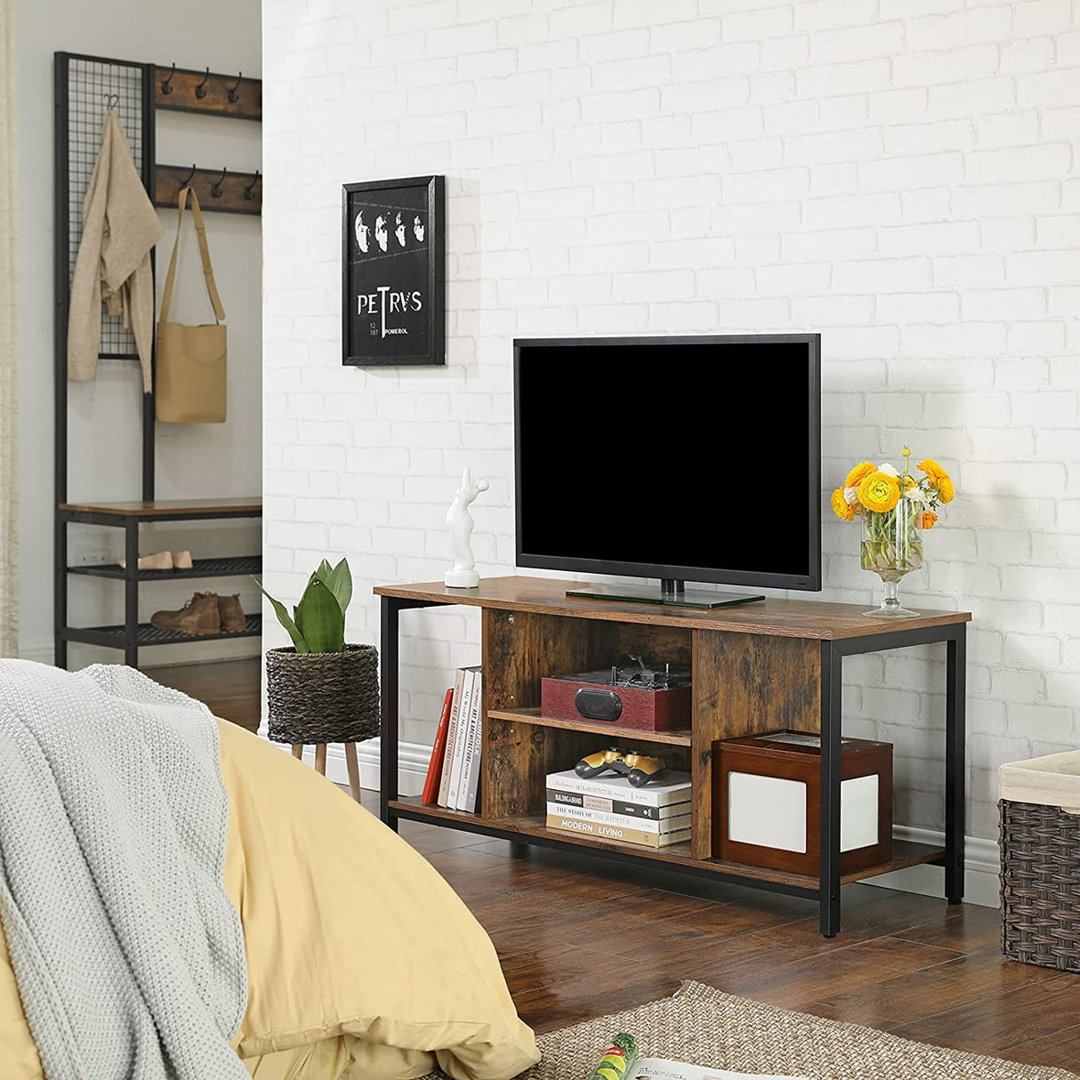 Industrial Rustic Brown and Black TV Stand with Open Storage Solutions