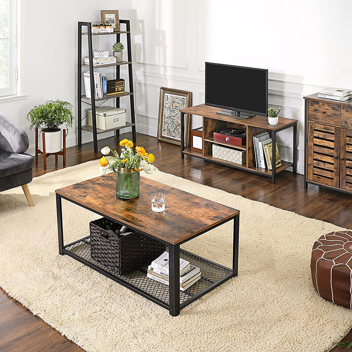 Industrial Rustic Brown and Black TV Stand with Open Storage Solutions