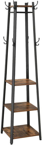 Industrial-Style Coat Rack with 3 Storage Shelves and Hooks in Rustic Brown and Black - Front View