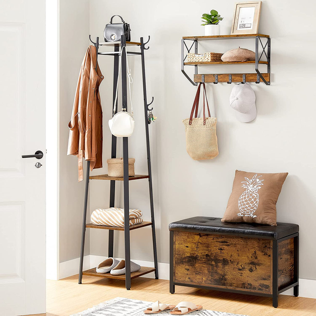 Industrial-Style Coat Rack with 3 Storage Shelves and Hooks in Rustic Brown and Black