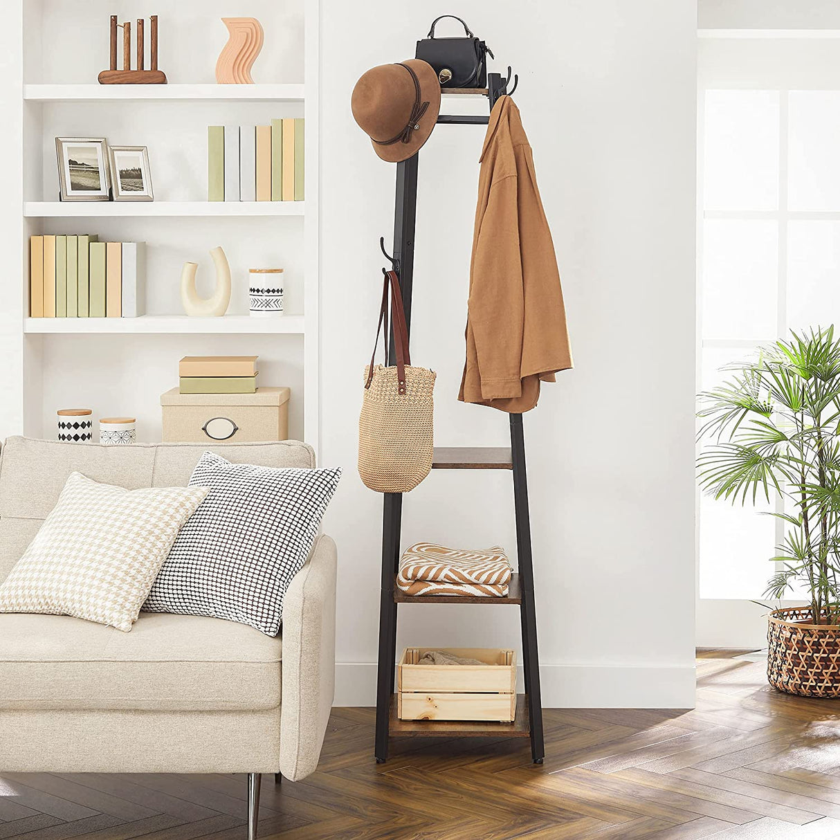 Industrial-Style Coat Rack with 3 Storage Shelves and Hooks in Rustic Brown and Black