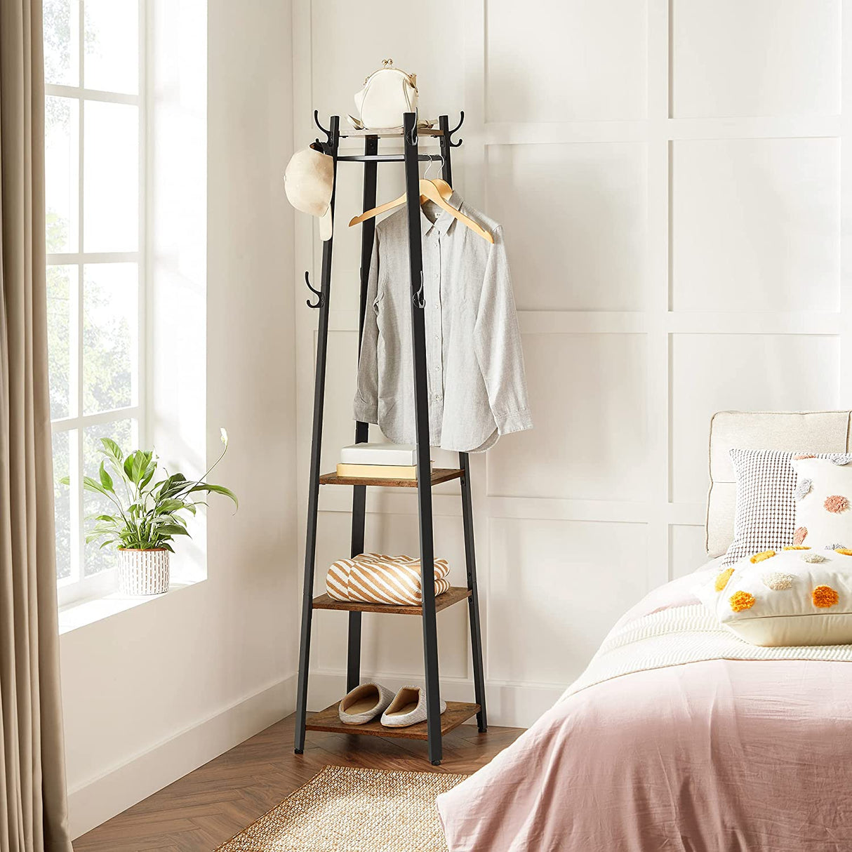 Industrial-Style Coat Rack with 3 Storage Shelves and Hooks in Rustic Brown and Black