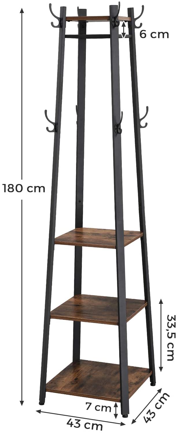 Industrial-Style Coat Rack with 3 Storage Shelves and Hooks in Rustic Brown and Black