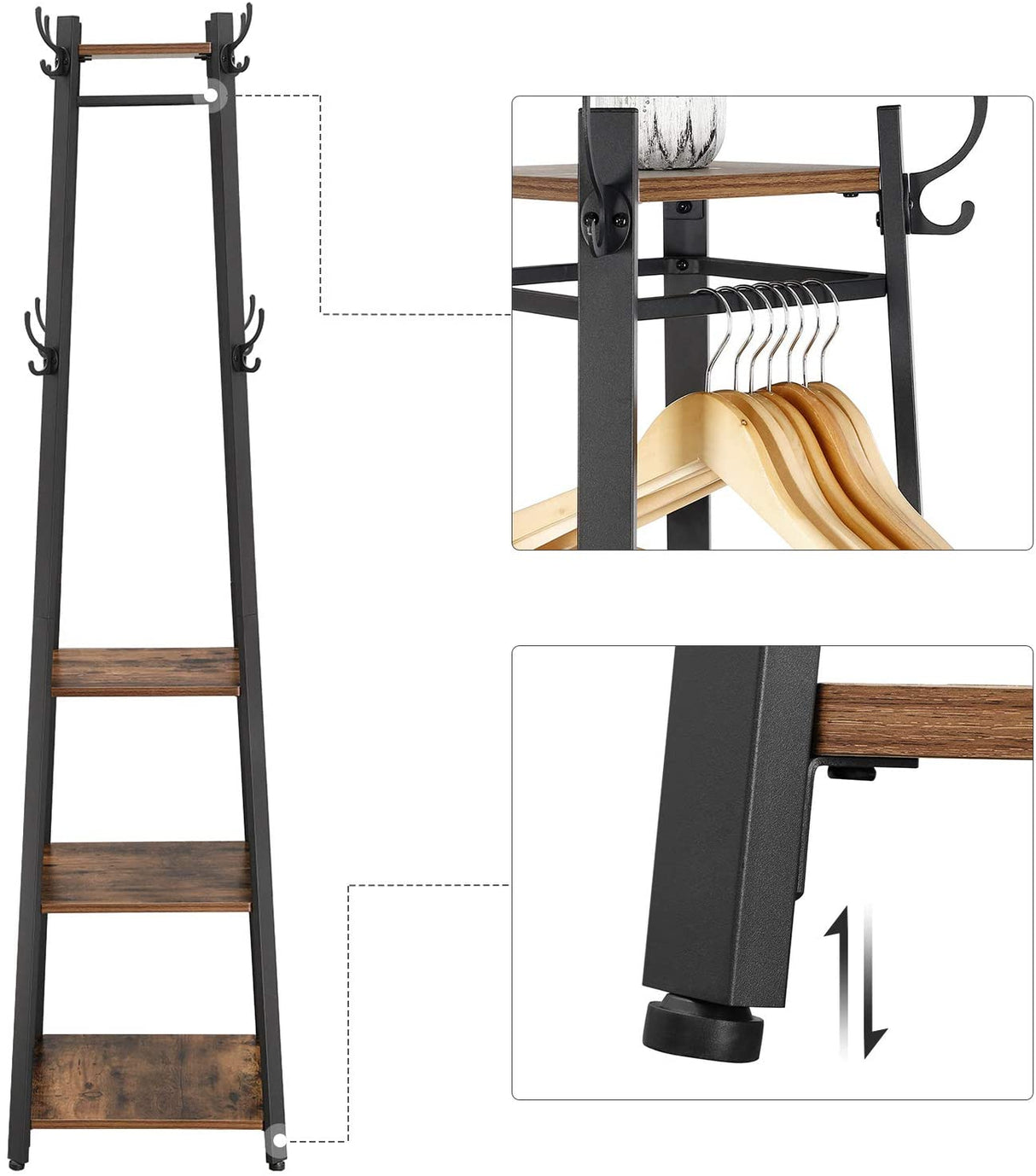 Industrial-Style Coat Rack with 3 Storage Shelves and Hooks in Rustic Brown and Black