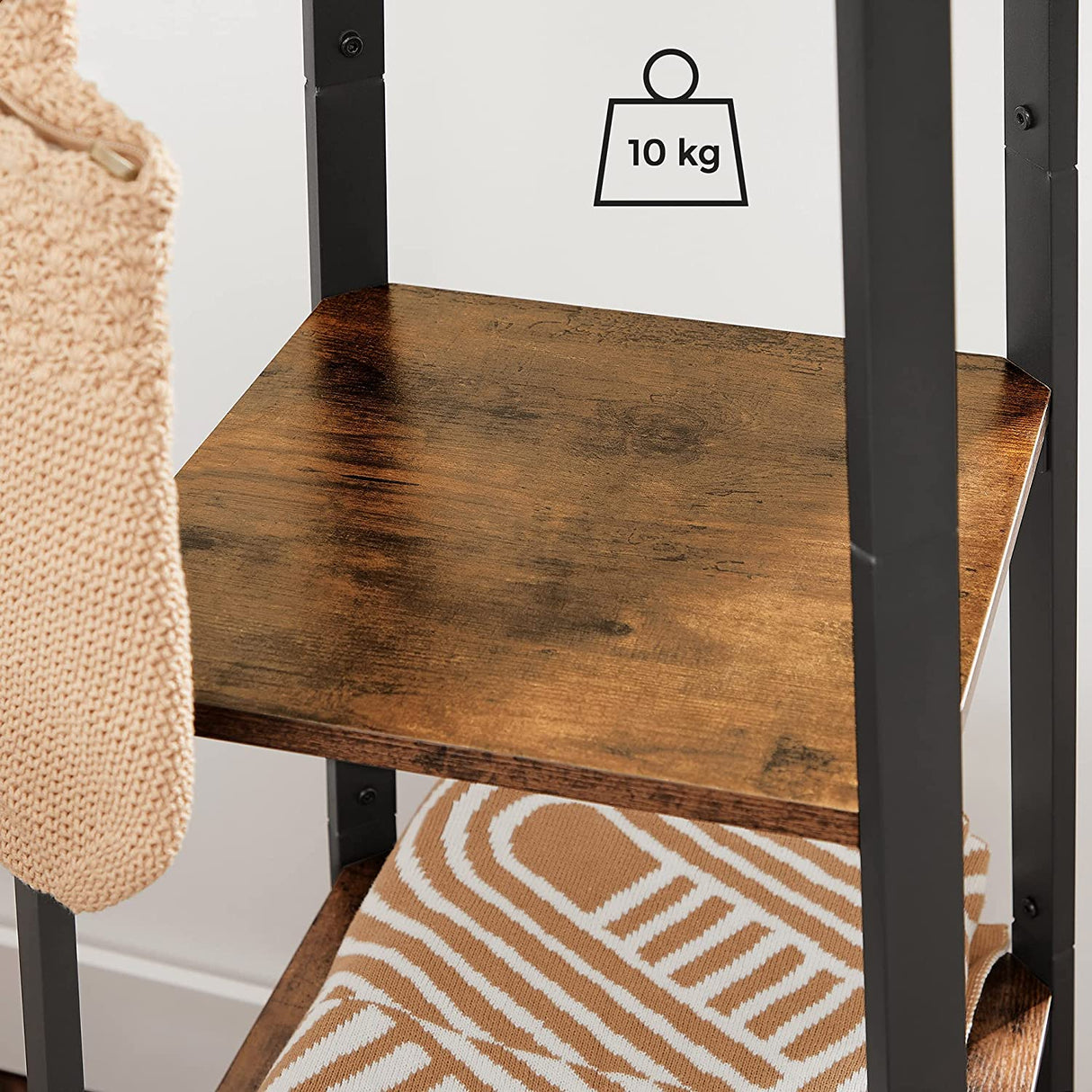 Industrial-Style Coat Rack with 3 Storage Shelves and Hooks in Rustic Brown and Black