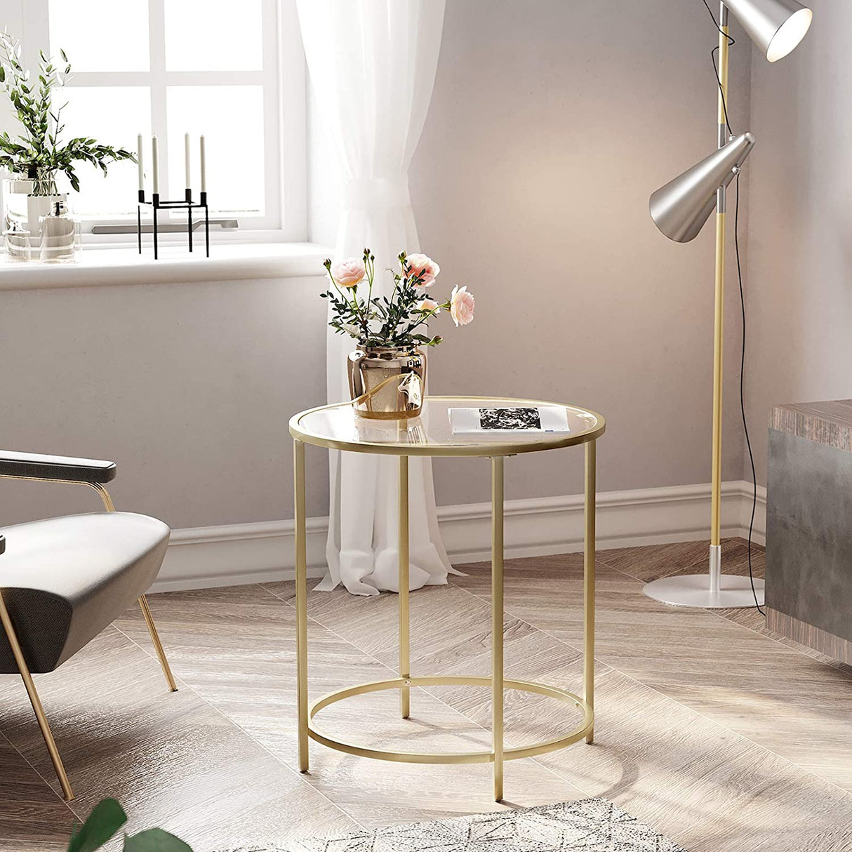 Elegant Gold Metal Frame Side Table with Tempered Glass Top
