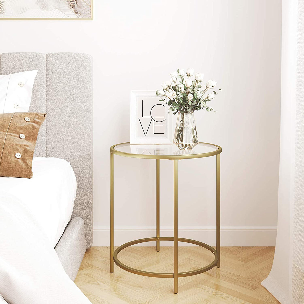 Elegant Gold Metal Frame Side Table with Tempered Glass Top