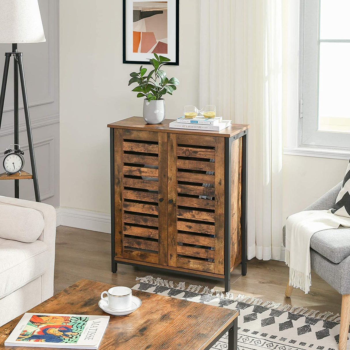 Rustic Industrial Sideboard Cabinet with Louvred Doors for Versatile Storage
