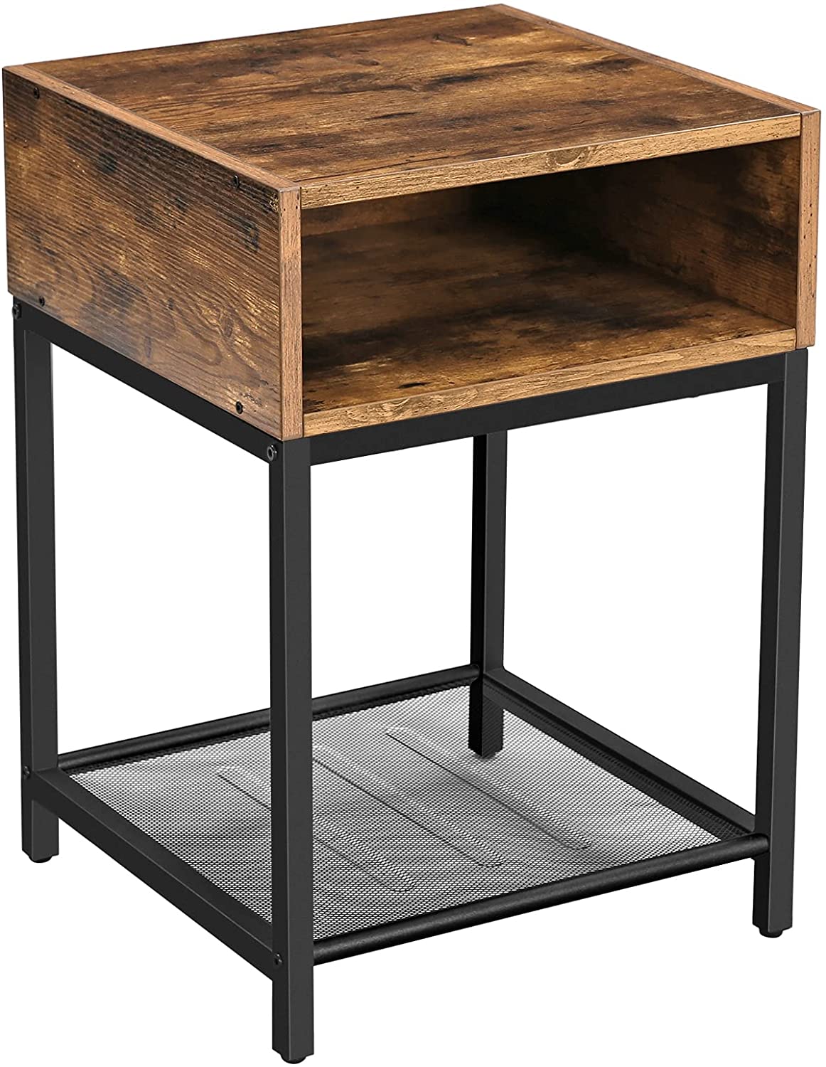 Rustic Brown and Black Side Table with Open Storage Compartment and Mesh Shelf