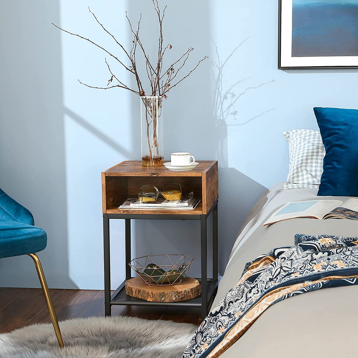 Rustic Brown and Black Side Table with Open Storage Compartment and Mesh Shelf