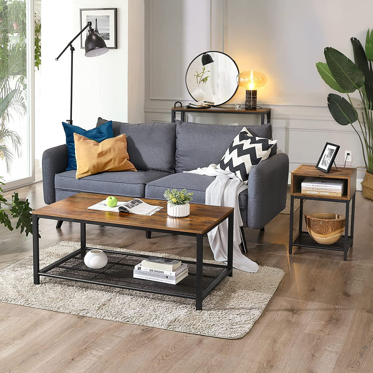 Rustic Brown and Black Side Table with Open Storage Compartment and Mesh Shelf